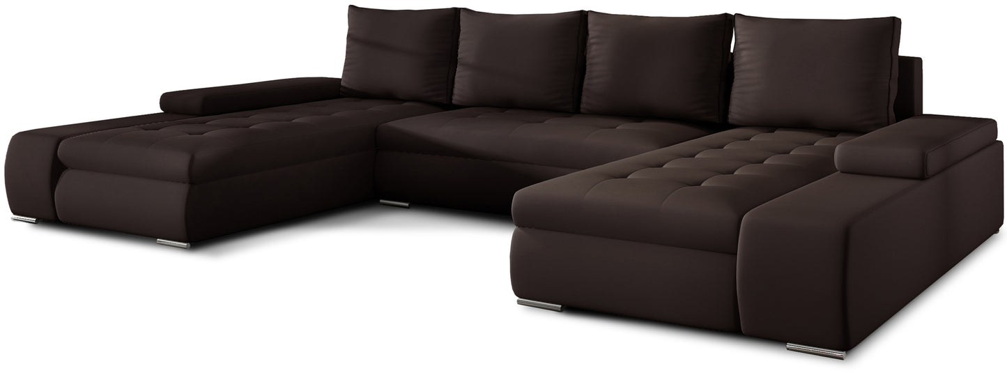 Brązowy narożnik Marino uniwersalny w ekoskórze Soft 66 to elegancka sofa do salonu o dużej powierzchni wypoczynkowej, idealna dla rodzin szukających trwałego i łatwego w czyszczeniu mebla.