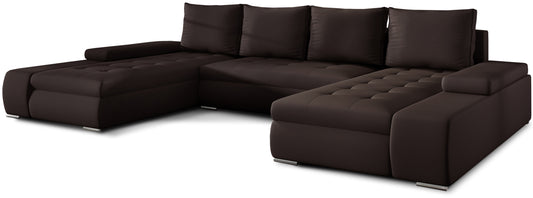 Brązowy narożnik Marino uniwersalny w ekoskórze Soft 66 to elegancka sofa do salonu o dużej powierzchni wypoczynkowej, idealna dla rodzin szukających trwałego i łatwego w czyszczeniu mebla.