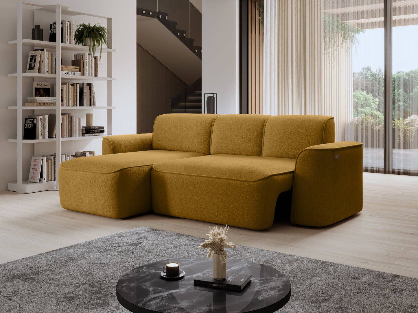 Narożnik Ume Amore 45 miodowy/Riviera 06 żółty, układ lewy w nowoczesnym wnętrzu obok regału z książkami.