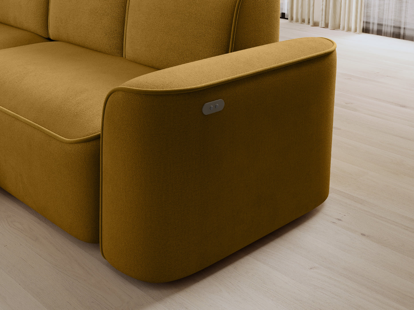 Zbliżenie bocznego podłokietnika narożnika Ume Amore 45 miodowy z panelem sterowania na jasnym tle.