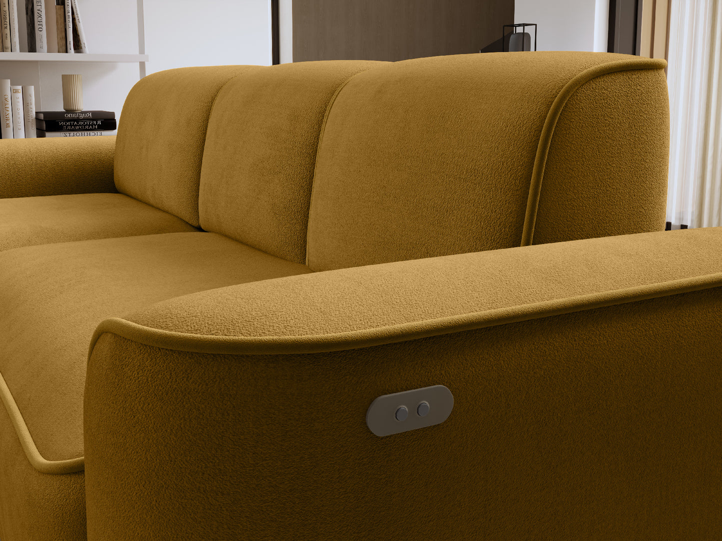 Detal bocznego oparcia narożnika Ume Amore 45 miodowy, z widocznym dwoma przyciskami sterowania.