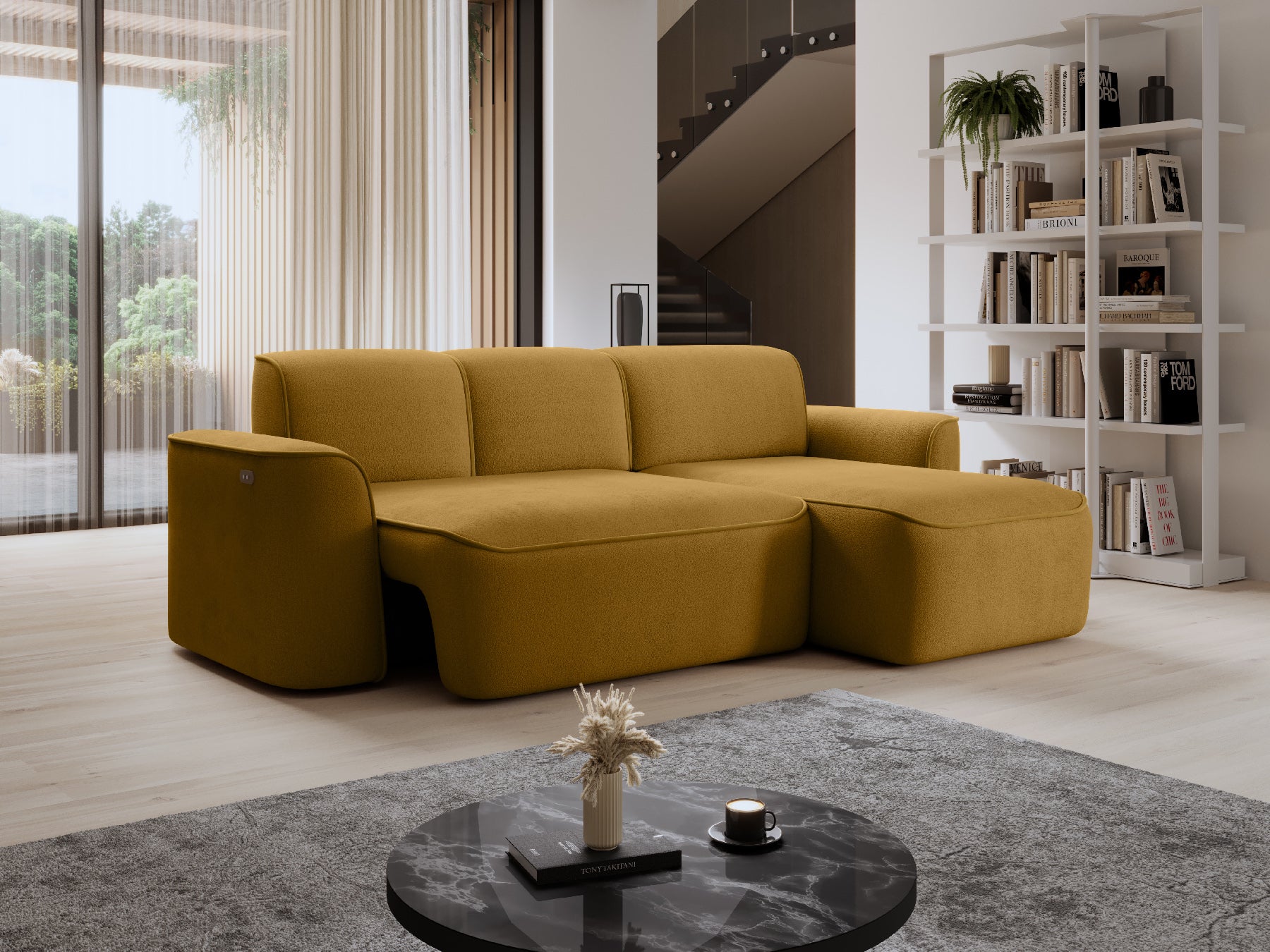 Narożnik Ume Amore 45 miodowy/Riviera 06 żółty, układ prawy w nowoczesnym wnętrzu obok regału z książkami.