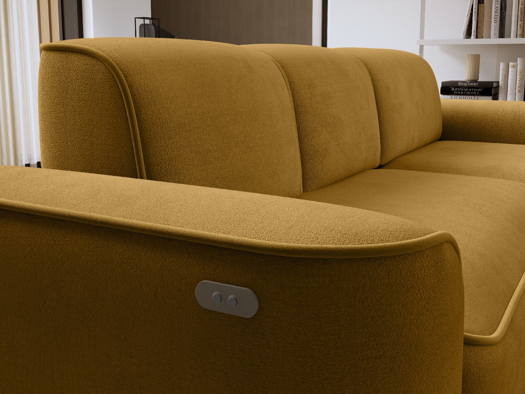 Detal bocznego oparcia narożnika Ume Amore 45 miodowy, z widocznym dwoma przyciskami sterowania.