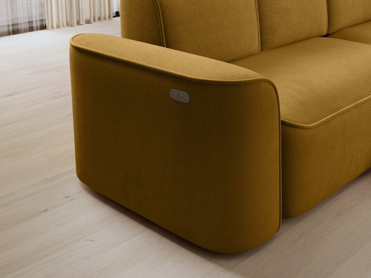 Zbliżenie bocznego podłokietnika narożnika Ume Amore 45 miodowy z panelem sterowania na jasnym tle.