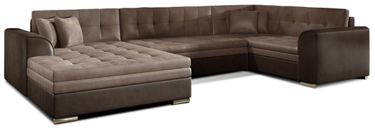 Narożnik Damario w układzie lewym, tapicerowany tkaniną Monolith 09 jasnobrązowy z bokami w Monolith 29 brązowy, widok na całą bryłę z poduszkami.