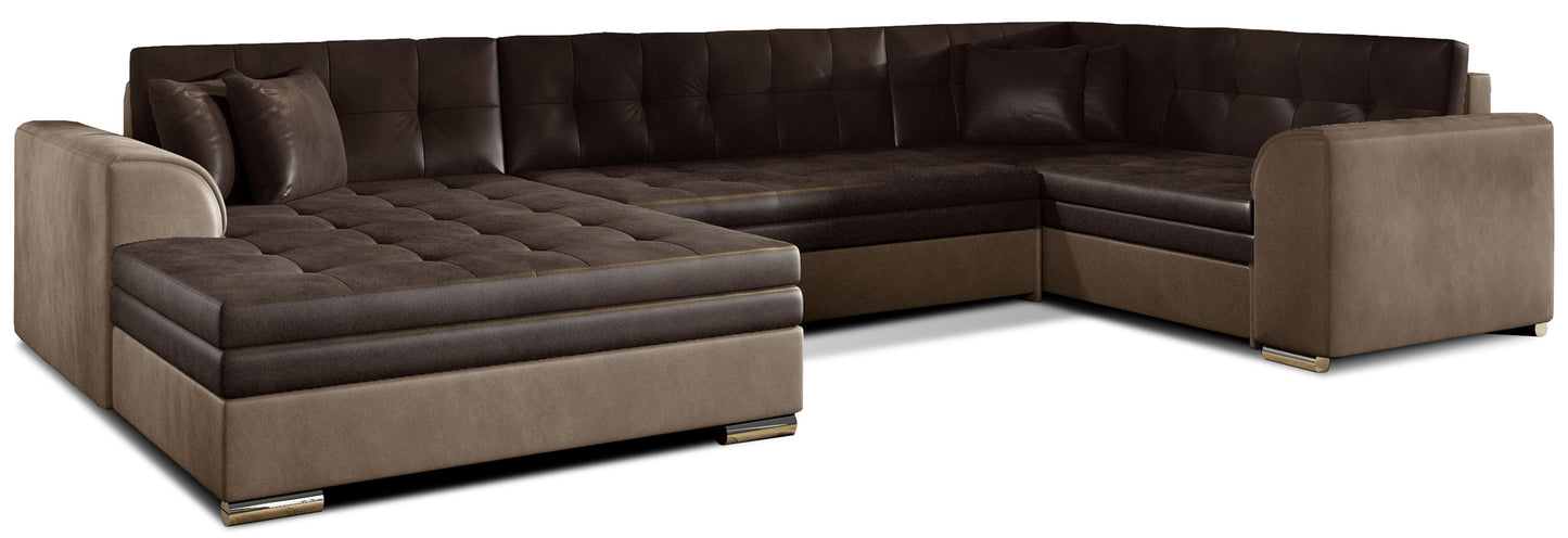 Narożnik Damario w układzie lewym, tapicerowany tkaniną Monolith 29 brązowy z bokami w Monolith 09 jasnobrązowy, widok na całą bryłę z poduszkami.