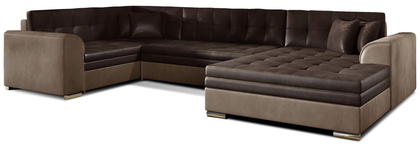 Narożnik Damario w układzie prawym, tapicerowany tkaniną Monolith 29 brązowy z bokami w Monolith 09 jasnobrązowy, widok na całą bryłę z poduszkami.