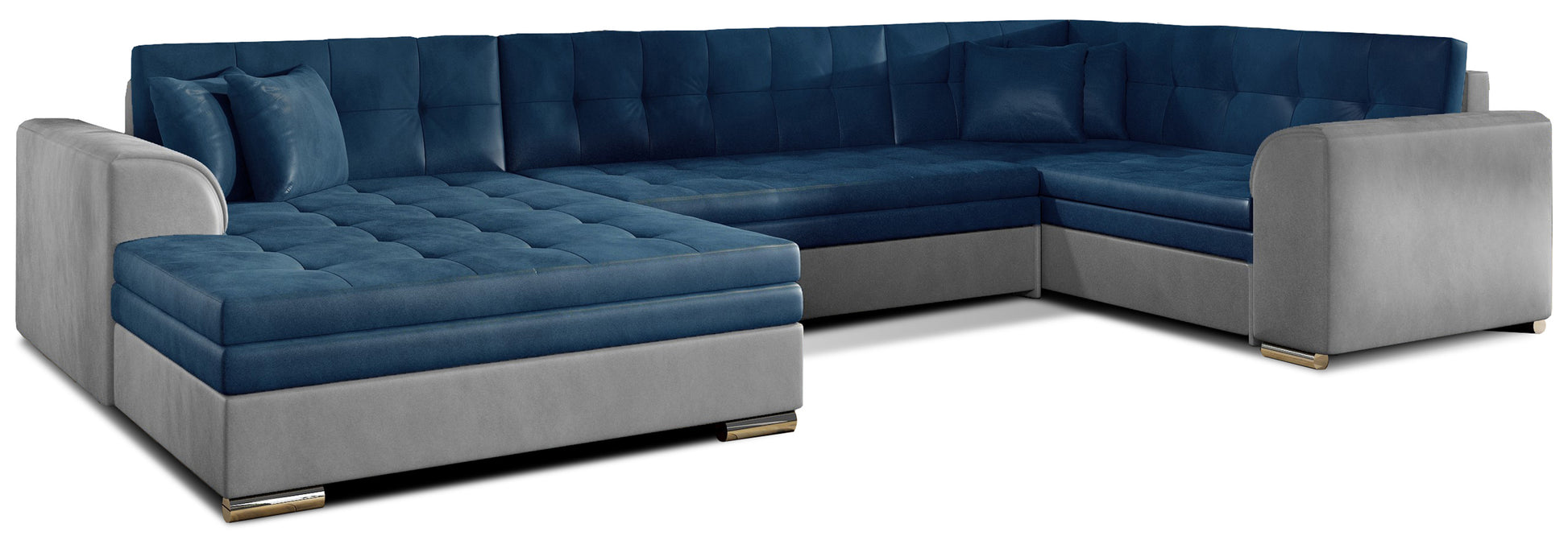 Narożnik Damario w układzie lewym, tapicerowany tkaniną Monolith 77 niebieski z bokami w Monolith 84 jasnoszary, widok na całą bryłę z poduszkami.