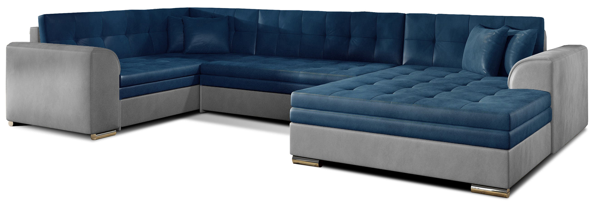 Narożnik Damario w układzie prawym, tapicerowany tkaniną Monolith 77 niebieski z bokami w Monolith 84 jasnoszary, widok na całą bryłę z poduszkami.