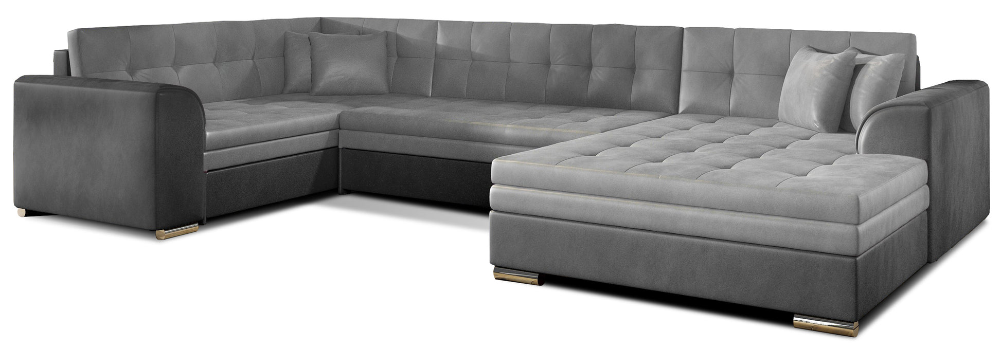 Narożnik Damario w układzie prawym, tapicerowany tkaniną Monolith 84 jasnoszary z bokami w Monolith 97 ciemnoszary, widok na całą bryłę z poduszkami.