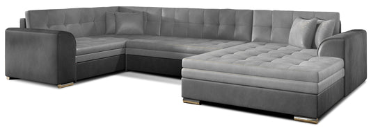 Narożnik Damario w układzie prawym, tapicerowany tkaniną Monolith 84 jasnoszary z bokami w Monolith 97 ciemnoszary, widok na całą bryłę z poduszkami.