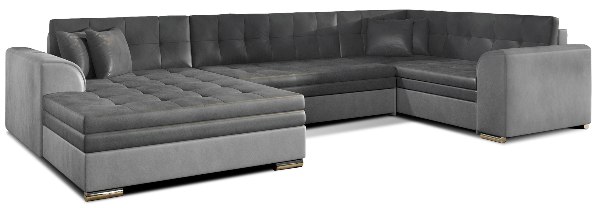 Narożnik Damario w układzie lewym, tapicerowany tkaniną Monolith 97 ciemnoszary z bokami w Monolith 84 jasnoszary, widok na całą bryłę z poduszkami.