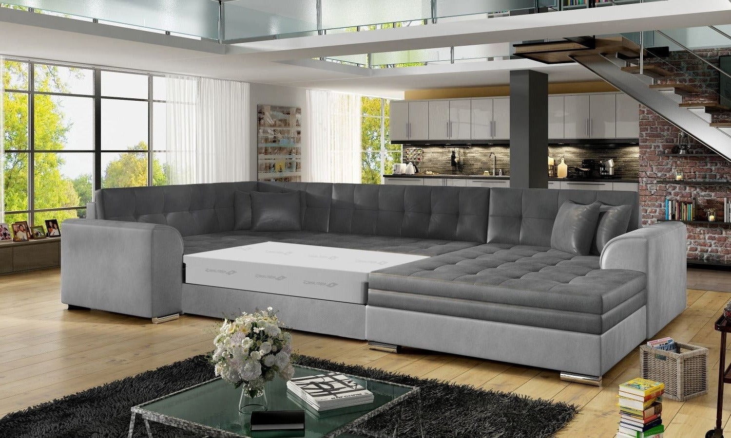 Narożnik Damario w kolorze ciemnoszarym i jasnoszarym z rozłożoną funkcją spania, prezentacja przestronnej powierzchni do wypoczynku.