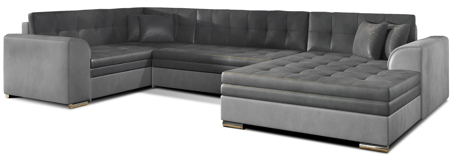 Narożnik Damario w układzie prawym, tapicerowany tkaniną Monolith 97 ciemnoszary z bokami w Monolith 84 jasnoszary, widok na całą bryłę z poduszkami.