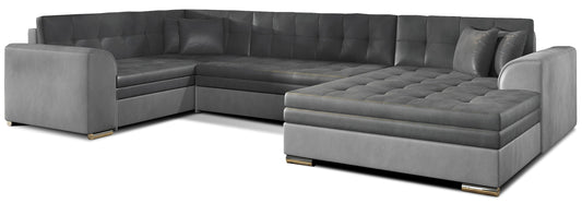 Narożnik Damario w układzie prawym, tapicerowany tkaniną Monolith 97 ciemnoszary z bokami w Monolith 84 jasnoszary, widok na całą bryłę z poduszkami.