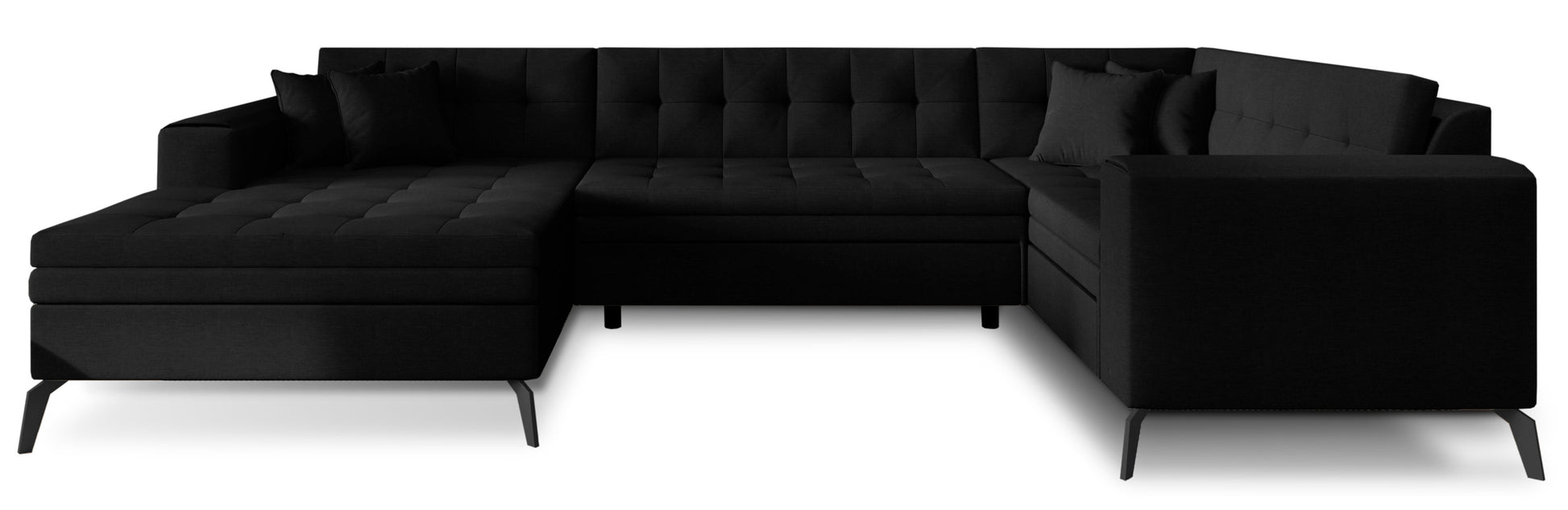 Nowoczesny narożnik Montez w czarnym kolorze z tkaniny Flores 10 to funkcjonalna sofa narożna do salonu, która wyróżnia się eleganckim wyglądem i zapewnia komfortowe miejsce do codziennego wypoczynku