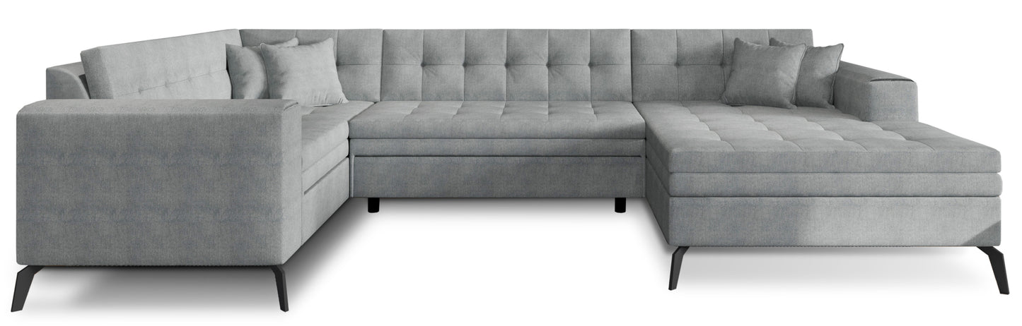 Nowoczesny narożnik Montez w jasnoszarym kolorze z tkaniny Gojo 4 to elegancka sofa do salonu, która rozjaśnia przestrzeń i zapewnia wygodne miejsce do codziennego wypoczynku w stylowym wnętrzu