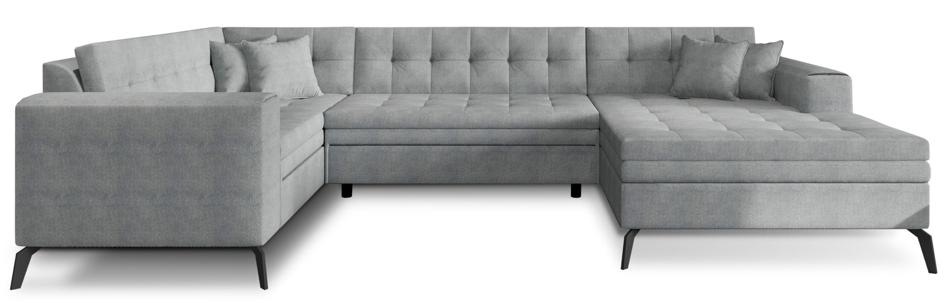 Nowoczesny narożnik Montez w jasnoszarym kolorze z tkaniny Gojo 4 to elegancka sofa do salonu, która rozjaśnia przestrzeń i zapewnia wygodne miejsce do codziennego wypoczynku w stylowym wnętrzu