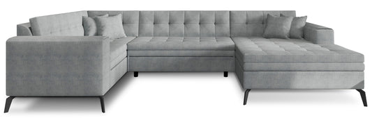 Nowoczesny narożnik Montez w jasnoszarym kolorze z tkaniny Gojo 4 to elegancka sofa do salonu, która rozjaśnia przestrzeń i zapewnia wygodne miejsce do codziennego wypoczynku w stylowym wnętrzu