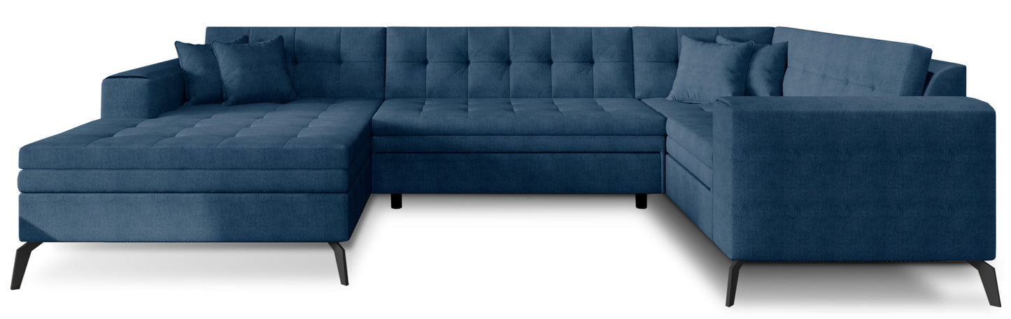 Wygodny narożnik Montez w niebieskim kolorze z tkaniny Gojo 40 to nowoczesna sofa do salonu, która łączy funkcjonalność z estetyką, oferując komfortowe siedziska i przyjazną przestrzeń do codziennego wypoczynku