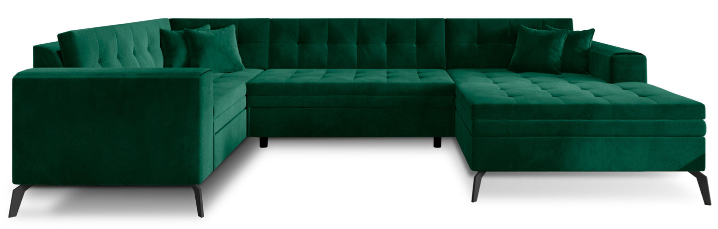 Nowoczesny narożnik Montez w zielonym kolorze z tkaniny Loco 35 to stylowa sofa do salonu, która wyróżnia się modnym odcieniem i wygodną formą, zapewniając komfortowe miejsce do codziennego wypoczynku