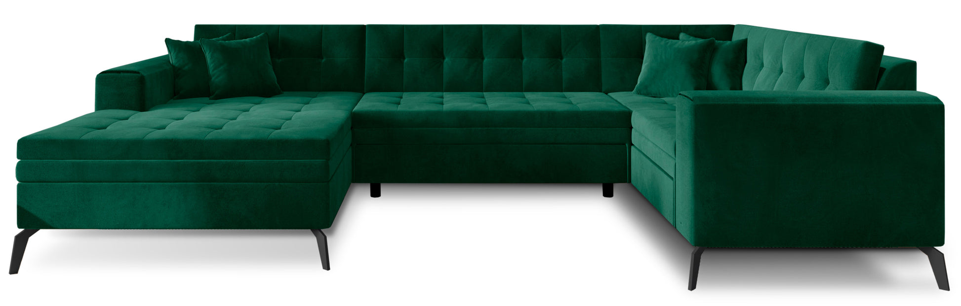 Stylowy narożnik Montez w zielonym kolorze z tkaniny Loco 35 to nowoczesna sofa narożna do salonu, która łączy modny wygląd z wygodą użytkowania, tworząc komfortową przestrzeń do codziennego relaksu