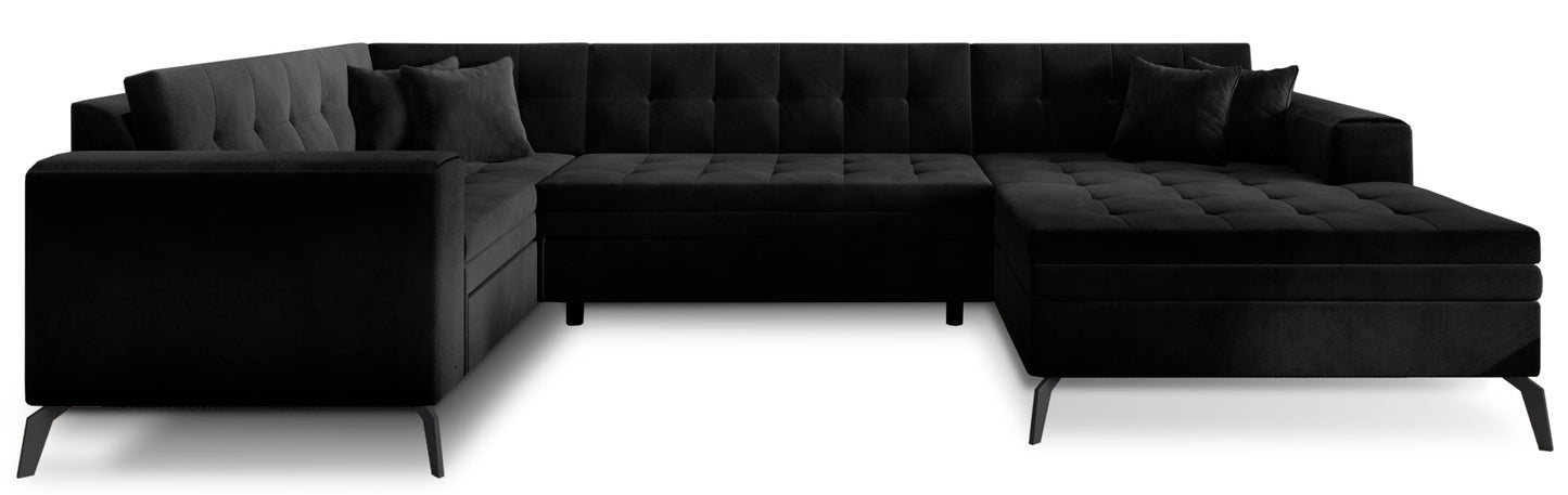 Elegancki narożnik Montez w czarnym kolorze z tkaniny Lukso 10 to nowoczesna sofa do salonu, która wyróżnia się głębokim odcieniem i stylową formą, zapewniając komfortowe miejsce do codziennego wypoczynku