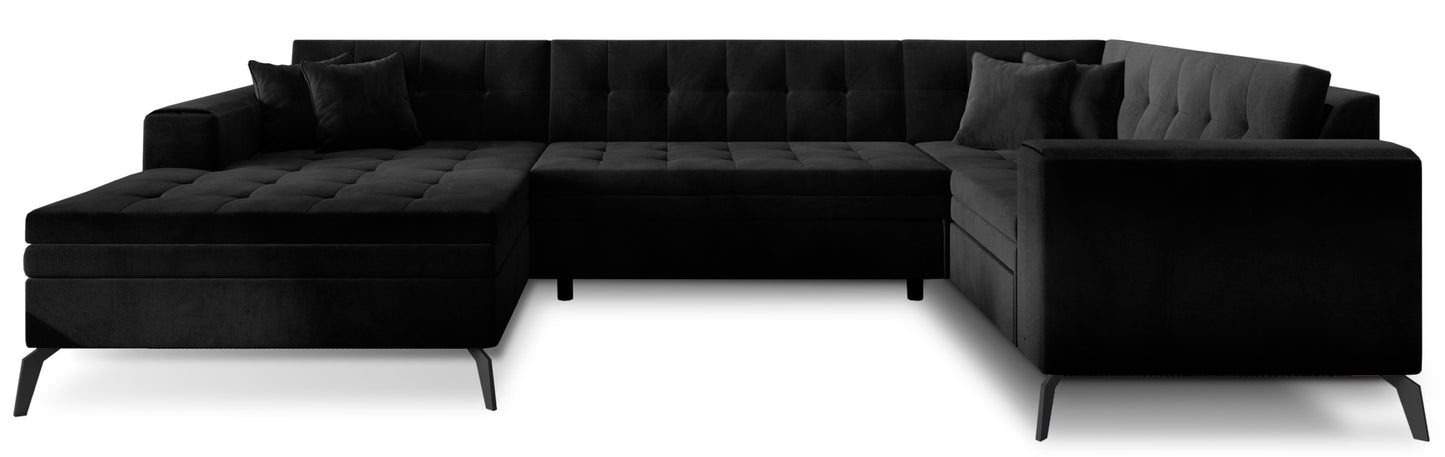 Minimalistyczny narożnik Montez w czarnym kolorze z tkaniny Lukso 10 to nowoczesna sofa narożna do salonu, która podkreśla elegancję wnętrza i zapewnia wygodne miejsce do codziennego relaksu
