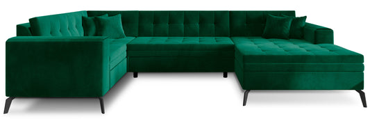 Elegancki narożnik Montez w zielonym kolorze z tkaniny Lukso 35 to nowoczesna sofa do salonu, która przyciąga uwagę intensywną barwą i miękką strukturą materiału, zapewniając komfortowy wypoczynek na co dzień