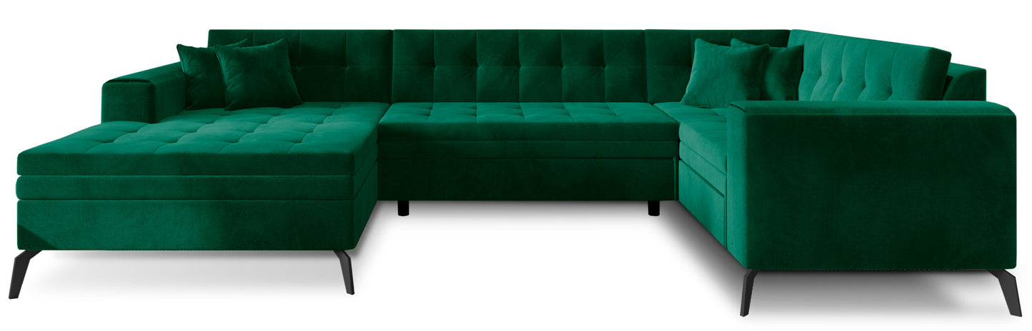 Nowoczesny narożnik Montez w zielonym kolorze z tkaniny Lukso 35 to funkcjonalna sofa narożna do salonu, która łączy wygodne siedziska z modnym wyglądem, tworząc przyjemną przestrzeń do codziennego wypoczynku