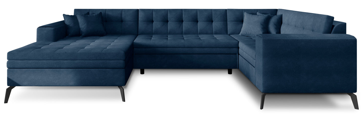 Elegancki narożnik Montez w granatowym kolorze z tkaniny Poco 40 to nowoczesna sofa do salonu, która przyciąga uwagę głębokim odcieniem i zapewnia wygodne miejsce do codziennego wypoczynku w stylowym wnętrzu
