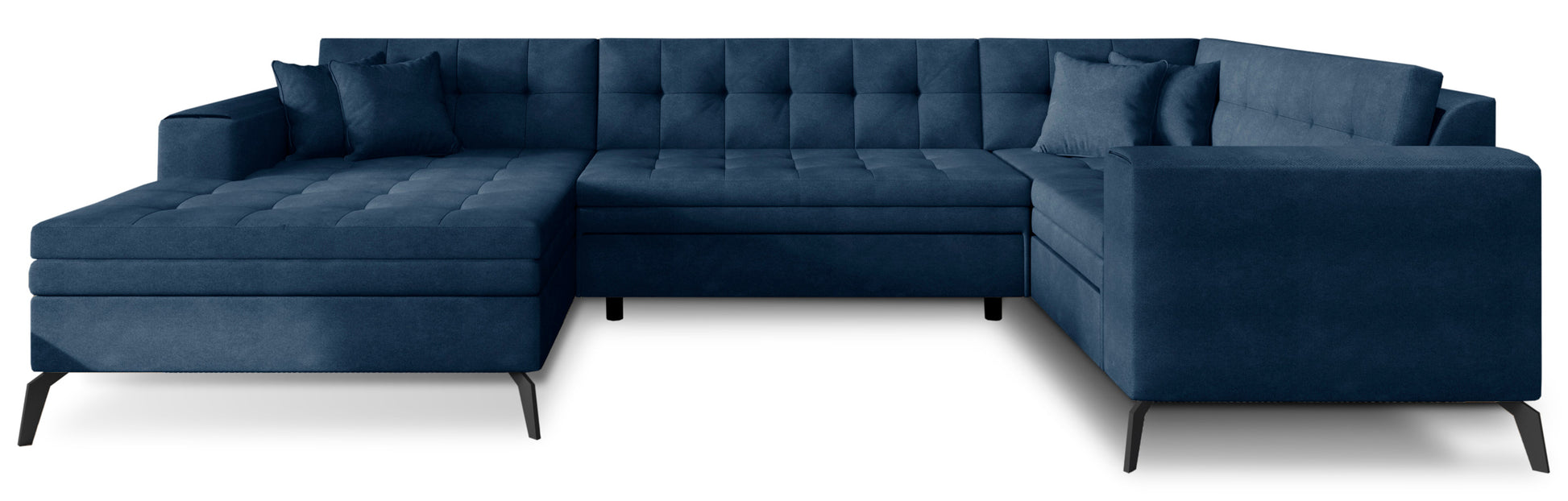 Elegancki narożnik Montez w granatowym kolorze z tkaniny Poco 40 to nowoczesna sofa do salonu, która przyciąga uwagę głębokim odcieniem i zapewnia wygodne miejsce do codziennego wypoczynku w stylowym wnętrzu