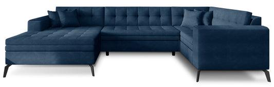 Elegancki narożnik Montez w granatowym kolorze z tkaniny Poco 40 to nowoczesna sofa do salonu, która przyciąga uwagę głębokim odcieniem i zapewnia wygodne miejsce do codziennego wypoczynku w stylowym wnętrzu