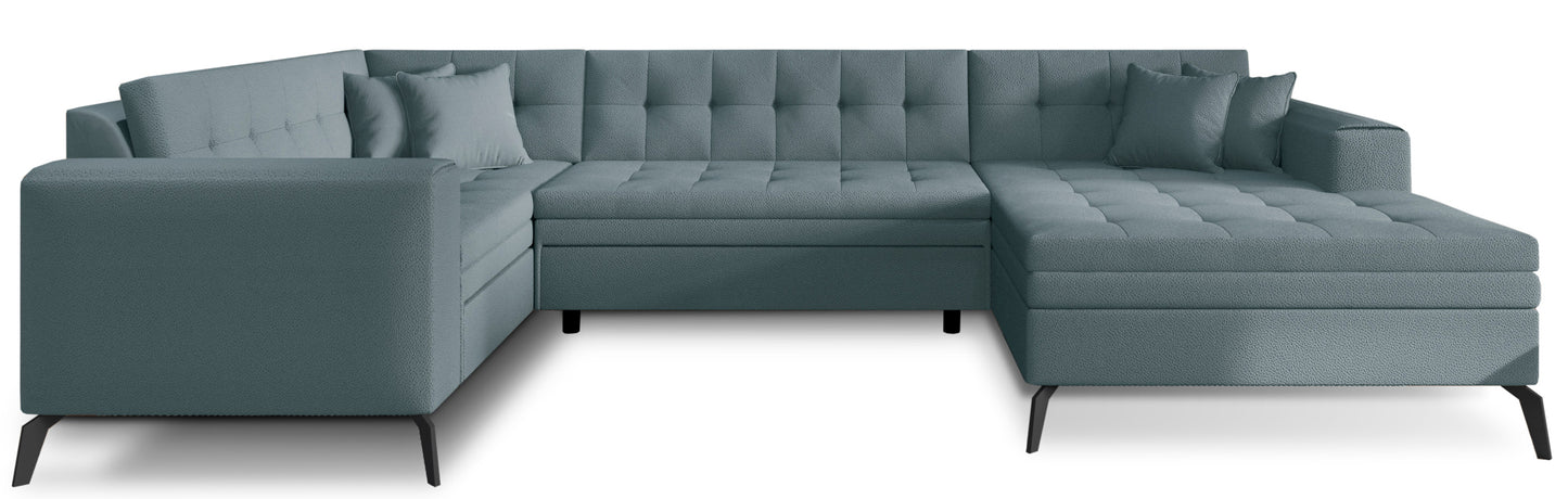 Nowoczesny narożnik Montez w szarym kolorze z tkaniny Savoi 100 to stylowa sofa do salonu, która łączy wygodne siedziska z eleganckim wyglądem, tworząc komfortową przestrzeń do codziennego wypoczynku
