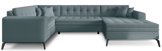 Nowoczesny narożnik Montez w szarym kolorze z tkaniny Savoi 100 to stylowa sofa do salonu, która łączy wygodne siedziska z eleganckim wyglądem, tworząc komfortową przestrzeń do codziennego wypoczynku