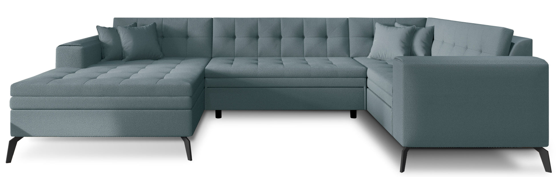 Stonowany narożnik Montez w szarym kolorze z tkaniny Savoi 100 to praktyczna sofa narożna do salonu, która łączy wygodę użytkowania z eleganckim wyglądem, tworząc komfortową przestrzeń do codziennego relaksu
