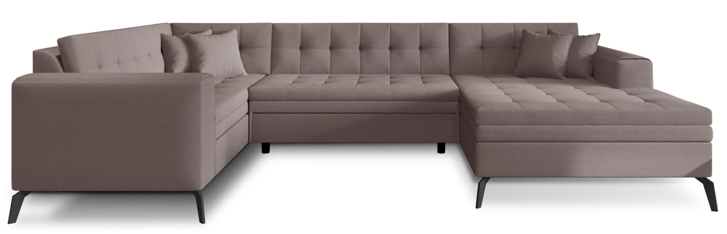 Jasny narożnik Montez w beżowym kolorze z tkaniny Savoi 7 to elegancka sofa do salonu, która rozjaśnia przestrzeń i zapewnia komfortowe miejsce do codziennego wypoczynku w nowoczesnym wnętrzu