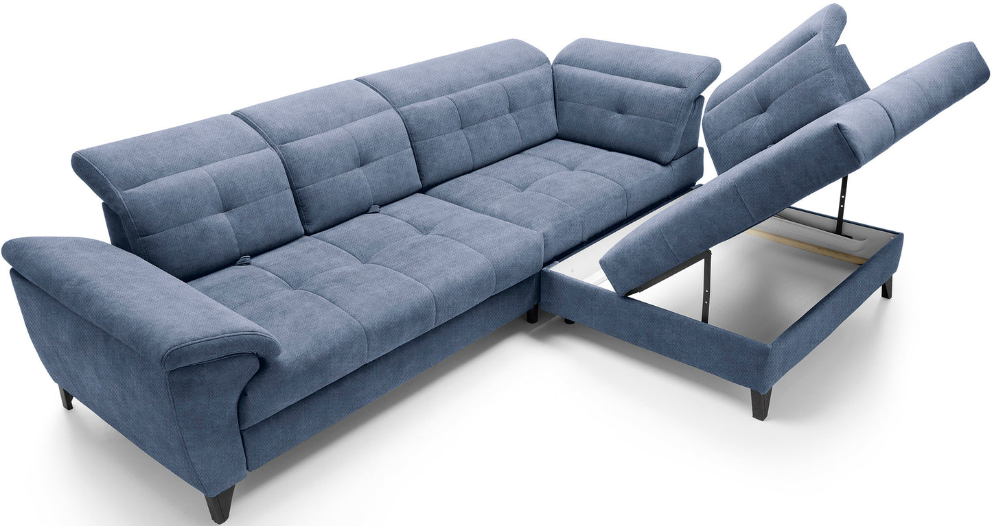 Narożnik Inferne Raquel 40 niebieski w układzie prawym z uniesionym siedziskiem odsłaniającym pojemny schowek na pościel.
