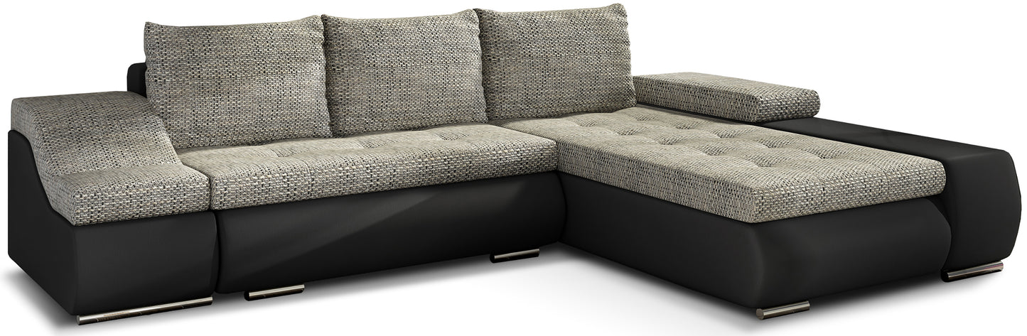 Nowoczesny narożnik Ontario w połączeniu szarej tkaniny Berlin 01 oraz czarnej Soft 11 tworzy elegancki kontrast, oferując wygodne siedziska i funkcjonalną przestrzeń do relaksu w stylowym salonie