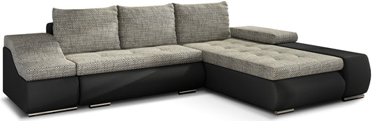 Nowoczesny narożnik Ontario w połączeniu szarej tkaniny Berlin 01 oraz czarnej Soft 11 tworzy elegancki kontrast, oferując wygodne siedziska i funkcjonalną przestrzeń do relaksu w stylowym salonie