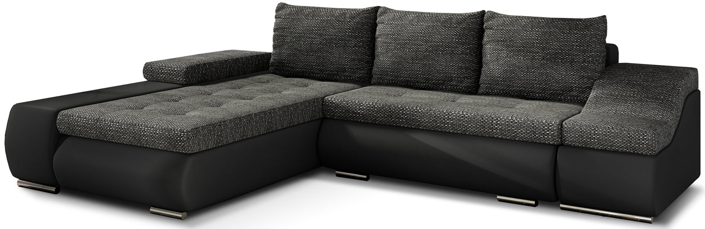 Minimalistyczny narożnik Ontario w czarnym kolorze, wykonany z tkanin Berlin 02 i Soft 11, doskonale wpisuje się w nowoczesne wnętrza, oferując wygodne siedziska i elegancki wygląd sprzyjający codziennemu relaksowi