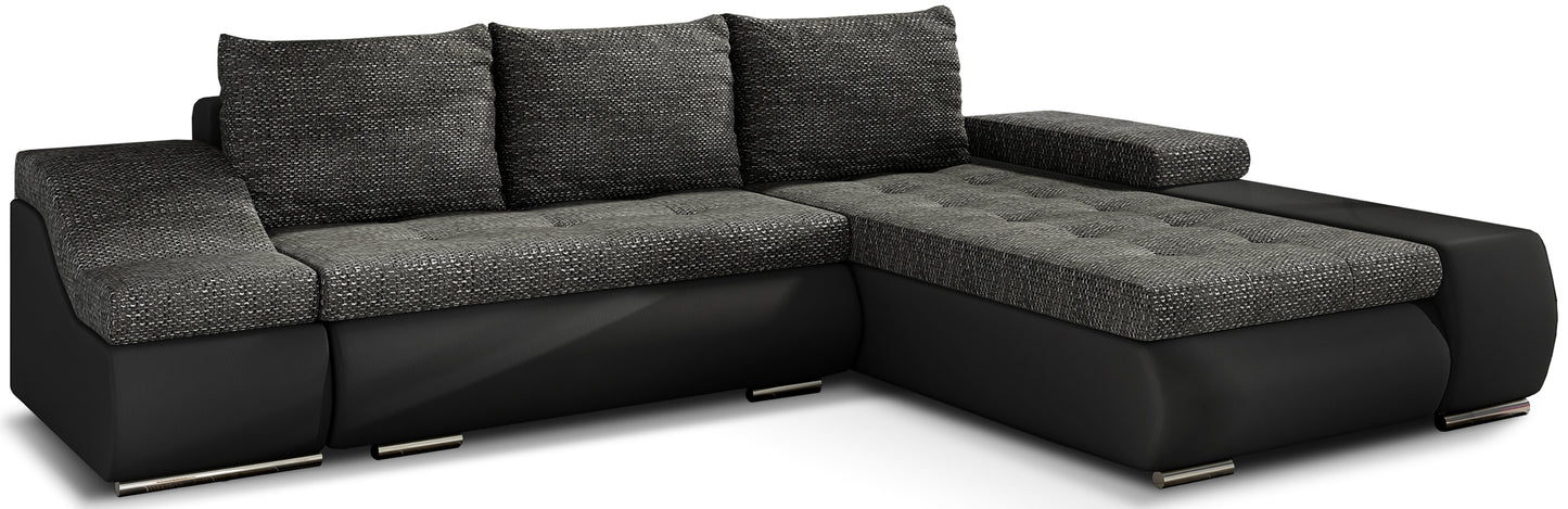 Nowoczesny narożnik Ontario w czarnym kolorze, wykonany z tkanin Berlin 02 oraz Soft 11, wyróżnia się eleganckim wyglądem i minimalistyczną formą, oferując wygodne miejsce do relaksu w stylowym salonie