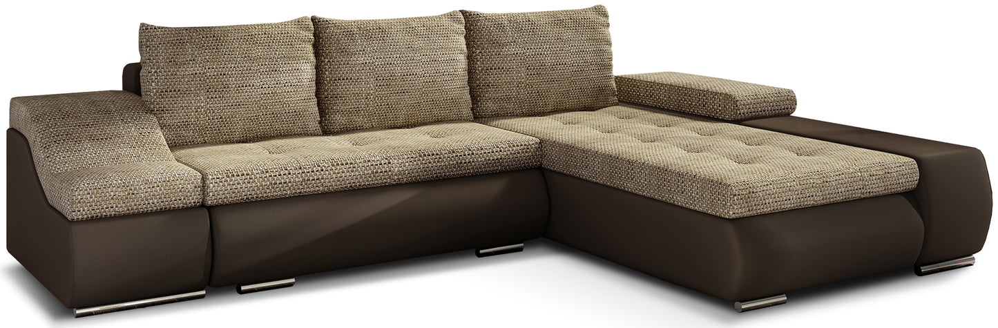 Narożnik Ontario w połączeniu tkaniny Berlin 03 w ciemnobeżowym odcieniu oraz Soft 66 w brązie tworzy elegancką i przytulną sofę do salonu, oferując komfortowe siedziska i harmonijną kolorystykę idealną do relaksu