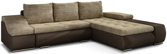 Narożnik Ontario w połączeniu tkaniny Berlin 03 w ciemnobeżowym odcieniu oraz Soft 66 w brązie tworzy elegancką i przytulną sofę do salonu, oferując komfortowe siedziska i harmonijną kolorystykę idealną do relaksu
