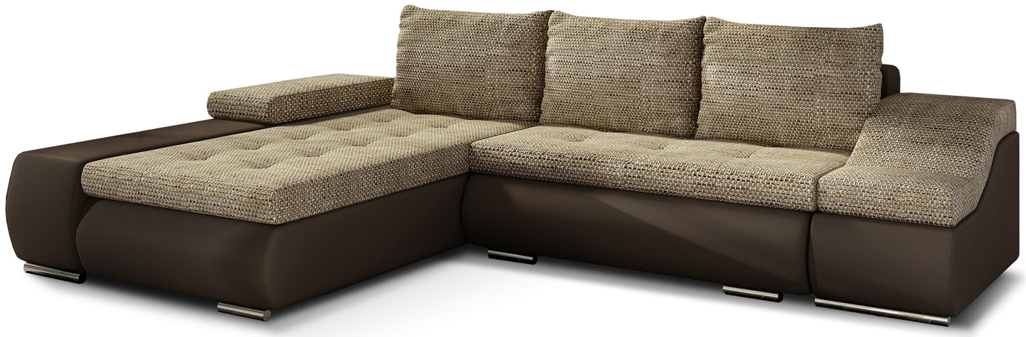Ciemnobeżowy narożnik Ontario w zestawieniu z brązową tkaniną Soft 66 tworzy harmonijną i elegancką sofę narożną do salonu, zapewniając komfortowe siedziska oraz przytulną przestrzeń do codziennego wypoczynku