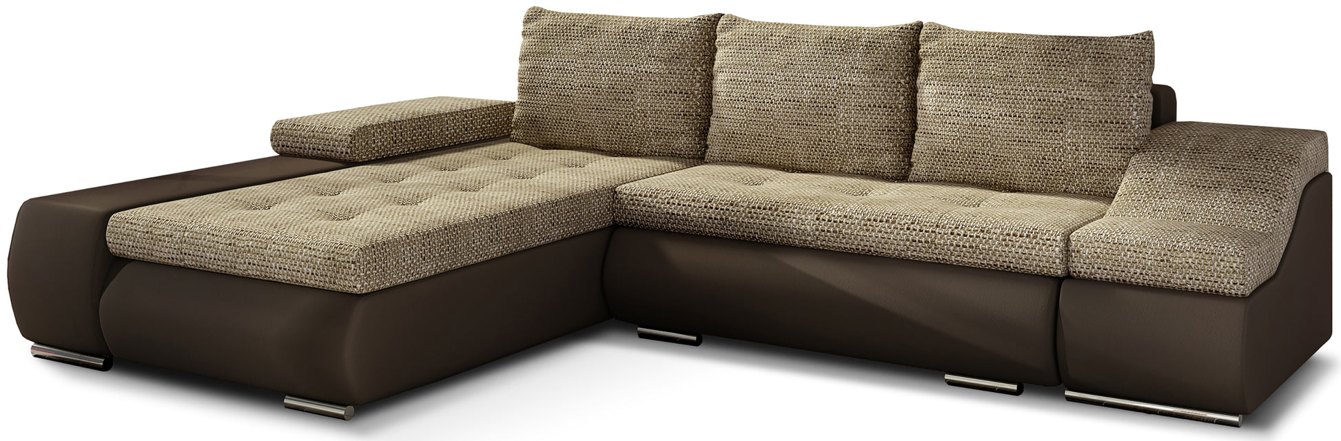 Ciemnobeżowy narożnik Ontario w zestawieniu z brązową tkaniną Soft 66 tworzy harmonijną i elegancką sofę narożną do salonu, zapewniając komfortowe siedziska oraz przytulną przestrzeń do codziennego wypoczynku