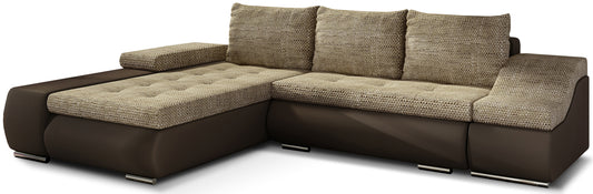 Ciemnobeżowy narożnik Ontario w zestawieniu z brązową tkaniną Soft 66 tworzy harmonijną i elegancką sofę narożną do salonu, zapewniając komfortowe siedziska oraz przytulną przestrzeń do codziennego wypoczynku