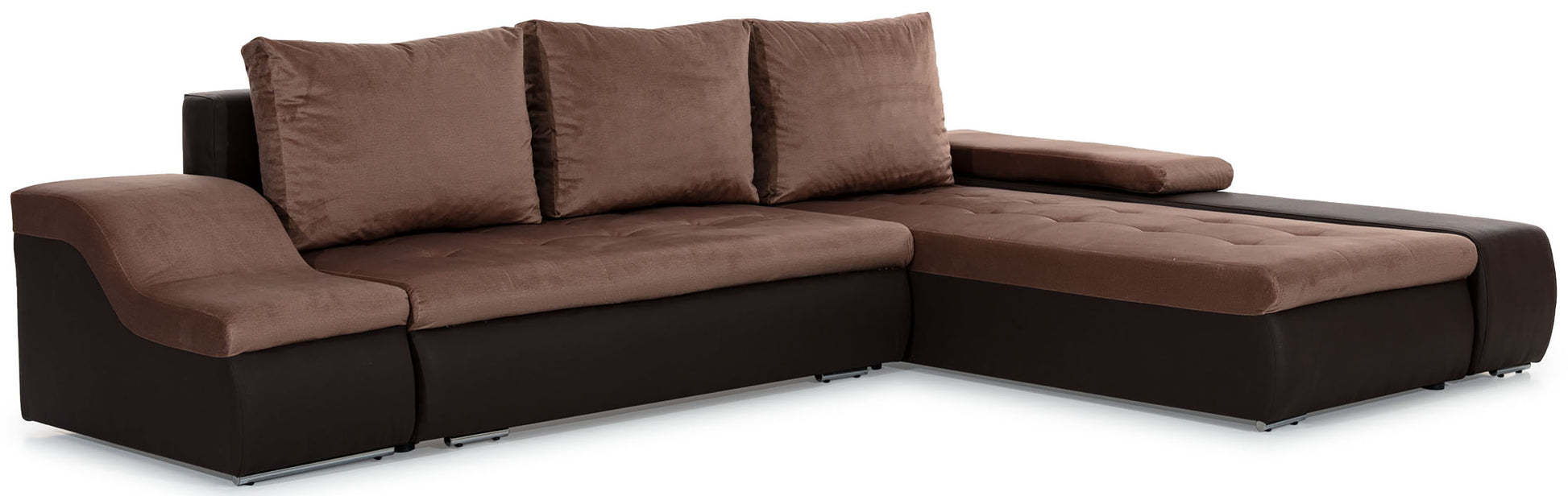 Dwukolorowy narożnik Ontario w połączeniu jasnobrązowej tkaniny Monolith 09 oraz ciemnobrązowej Soft 66 to stylowa sofa do salonu, która łączy elegancki wygląd z wygodnymi siedziskami i dużą powierzchnią do codziennego relaksu