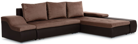 Dwukolorowy narożnik Ontario w połączeniu jasnobrązowej tkaniny Monolith 09 oraz ciemnobrązowej Soft 66 to stylowa sofa do salonu, która łączy elegancki wygląd z wygodnymi siedziskami i dużą powierzchnią do codziennego relaksu