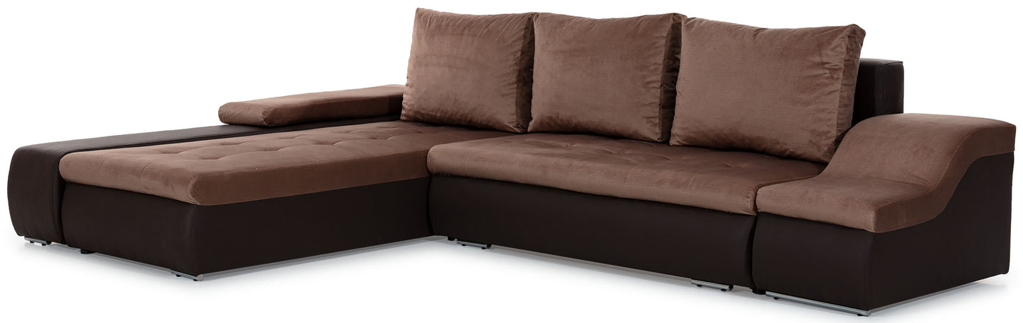 Narożnik Ontario w zestawieniu jasnobrązowej tkaniny Monolith 09 i ciemnobrązowej Soft 66 tworzy elegancką kompozycję kolorystyczną, oferując wygodne siedziska oraz przytulną przestrzeń do codziennego wypoczynku w salonie